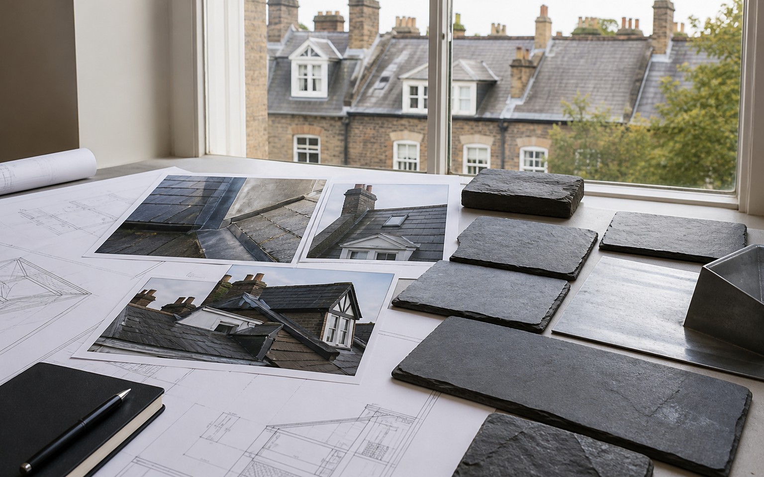 Residential roof being inspected from an accessible roof area