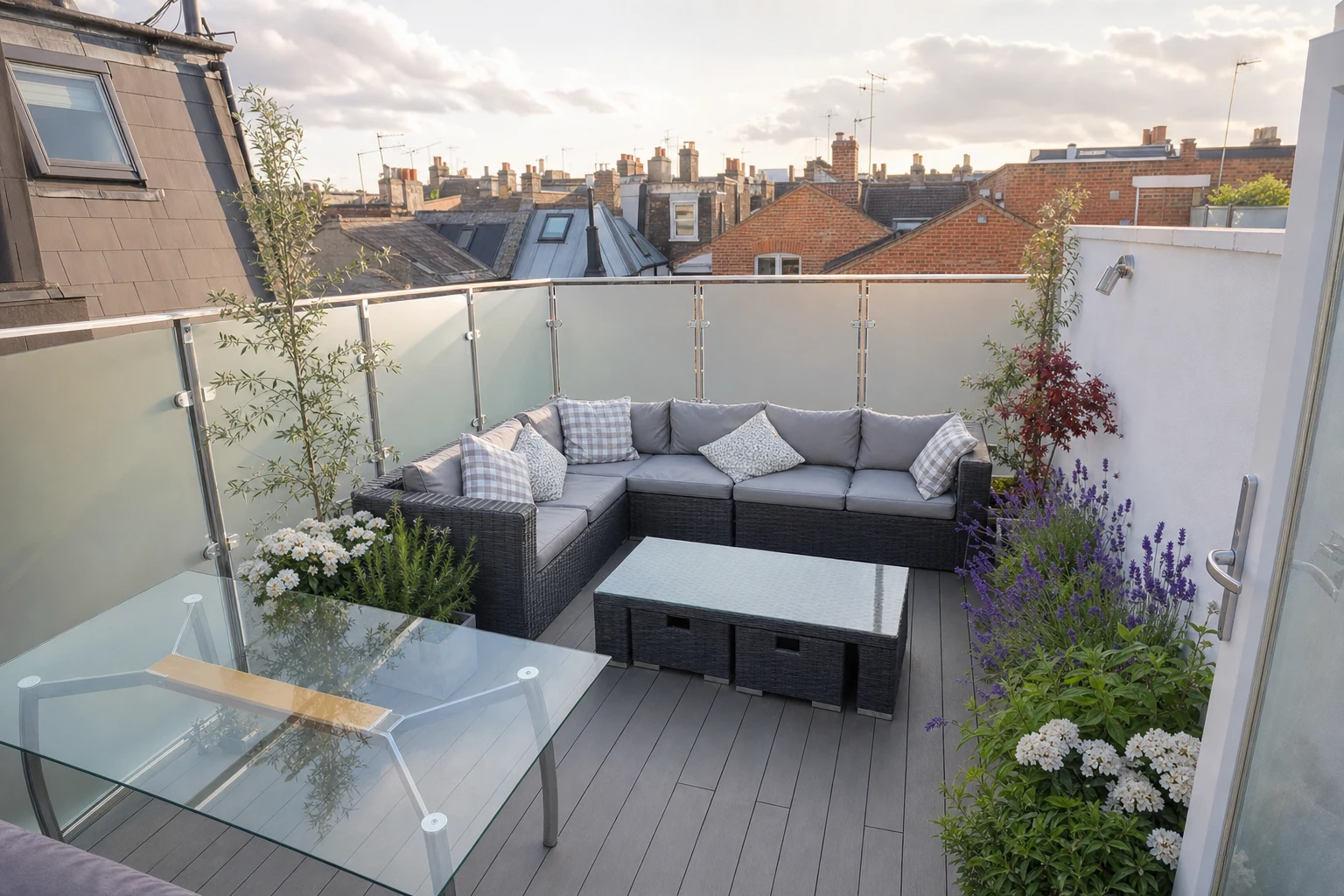 Roof terrace with seating, planting and glazed guarding