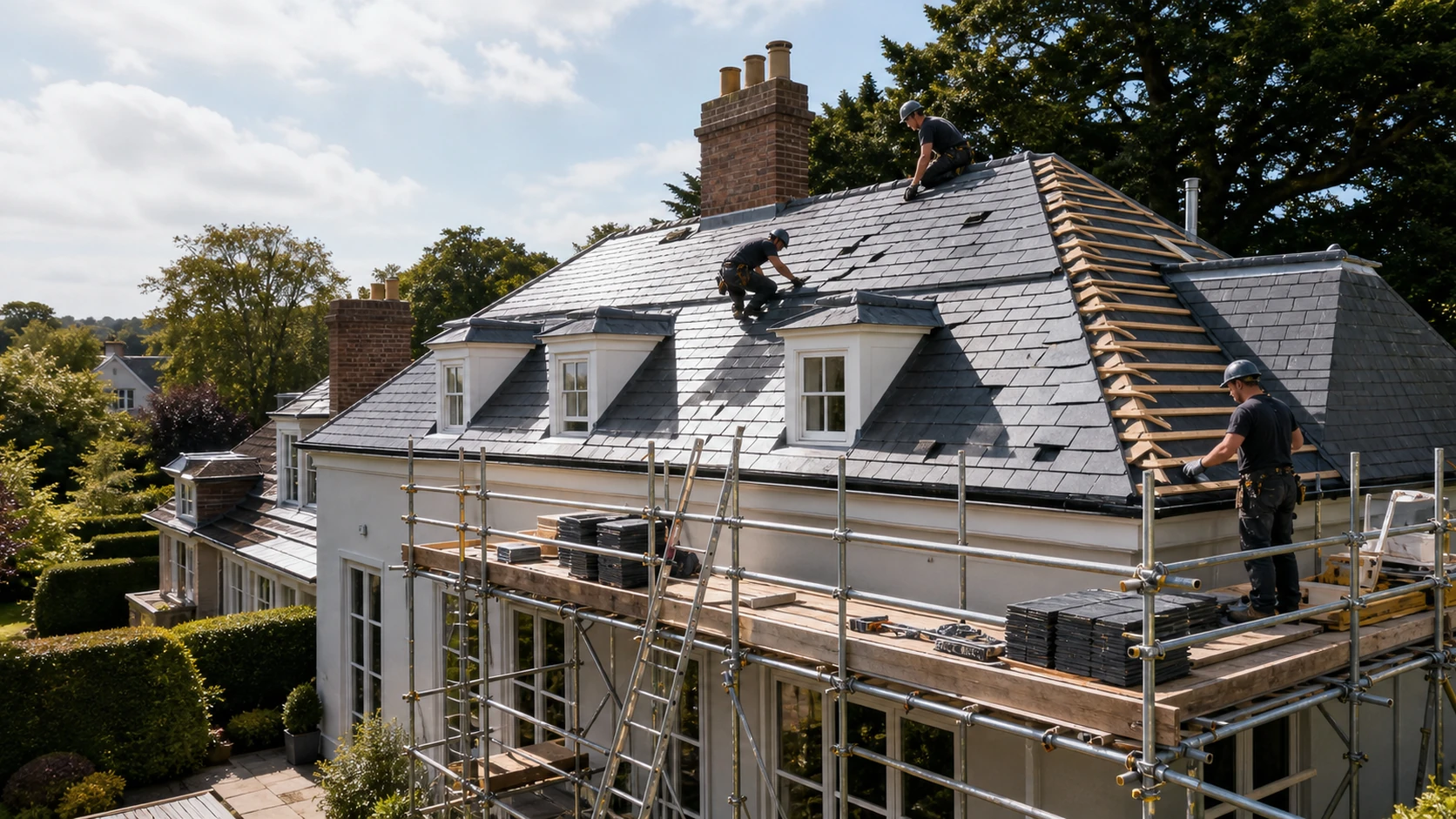 Professional roofing team working safely on a premium residential property roof.