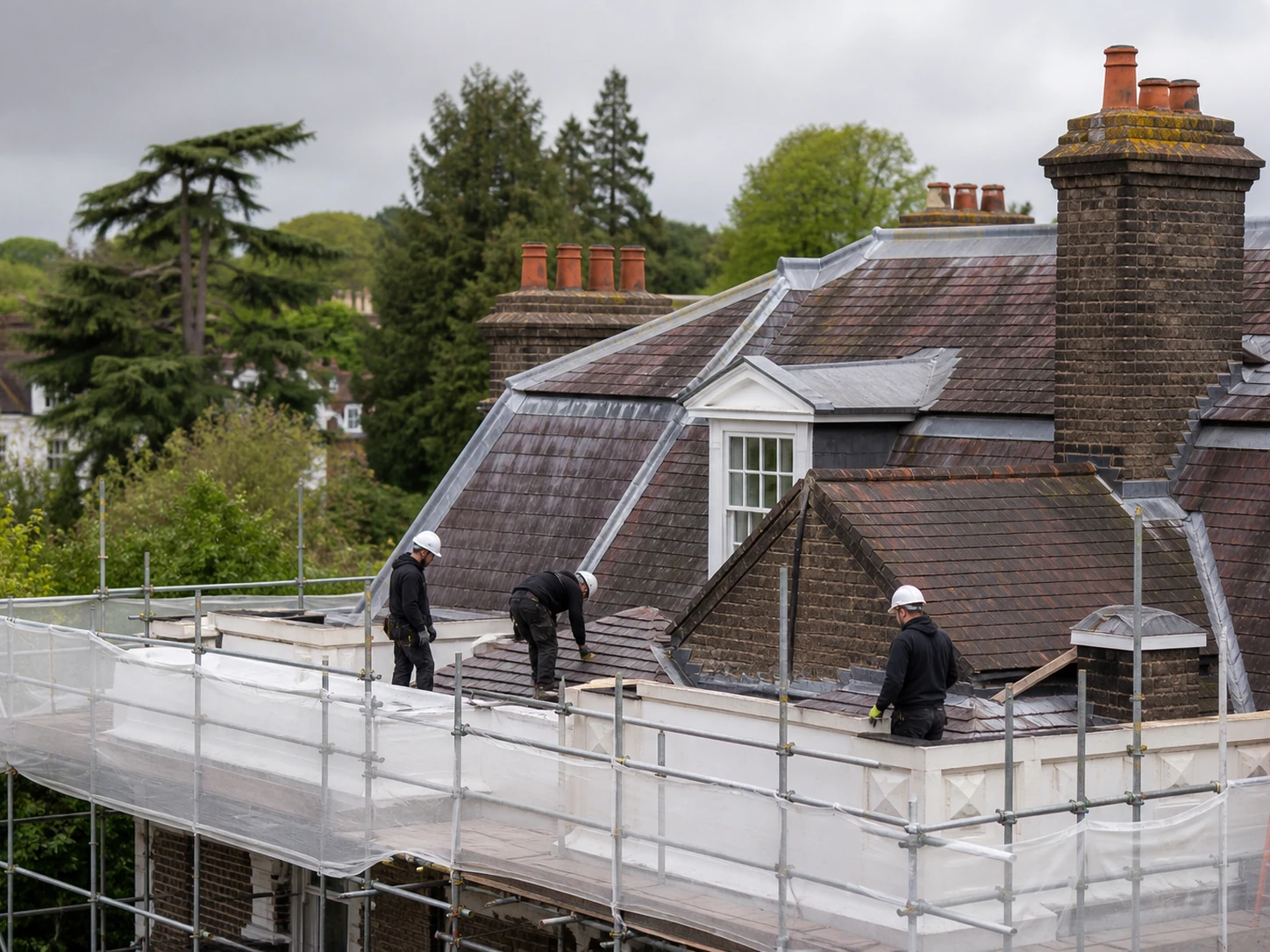 Carefully managed roofing work on a period residential property with traditional roof materials.