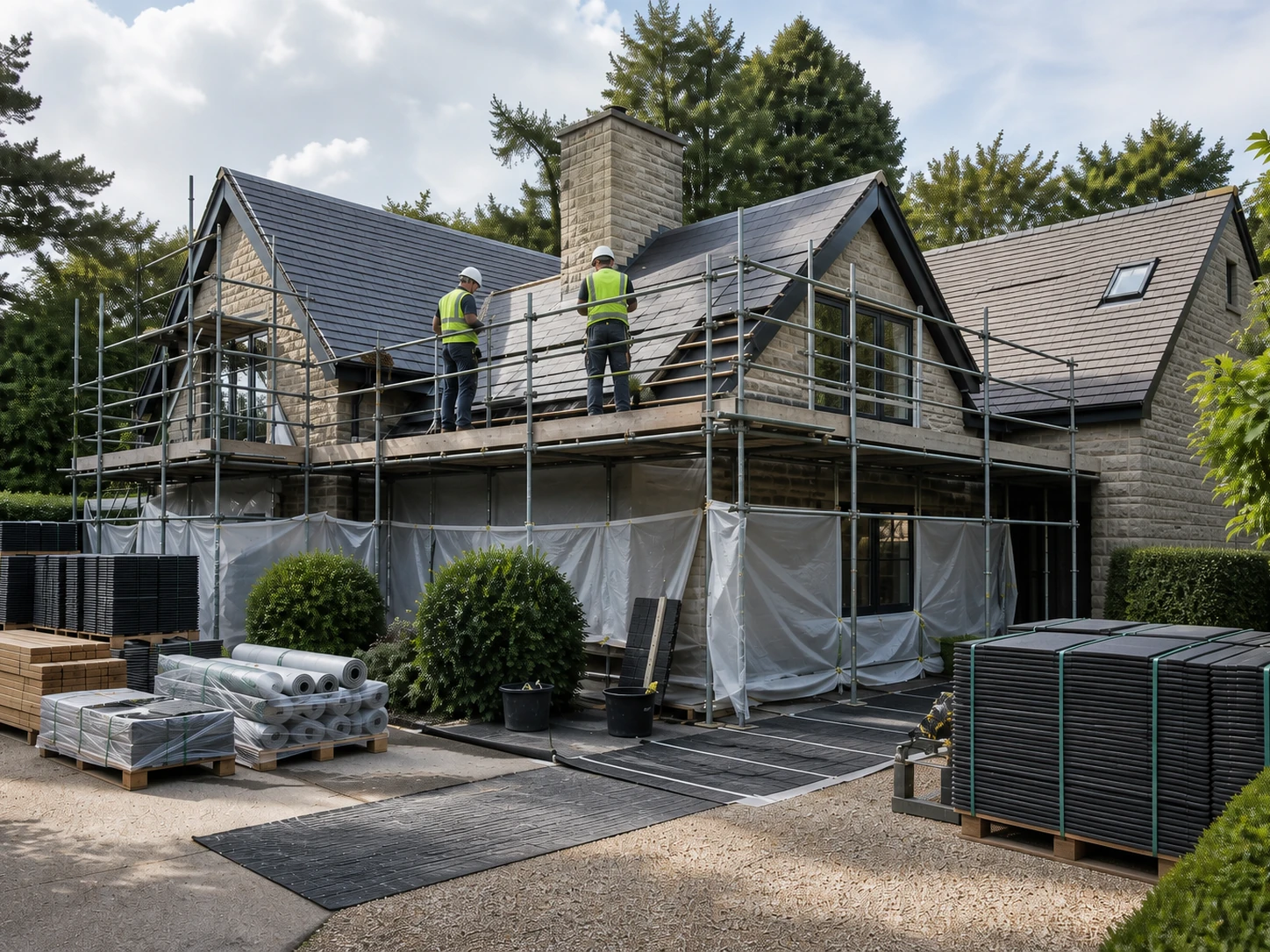 Tidy residential roofing site with safe access, organised materials and professional site presentation.