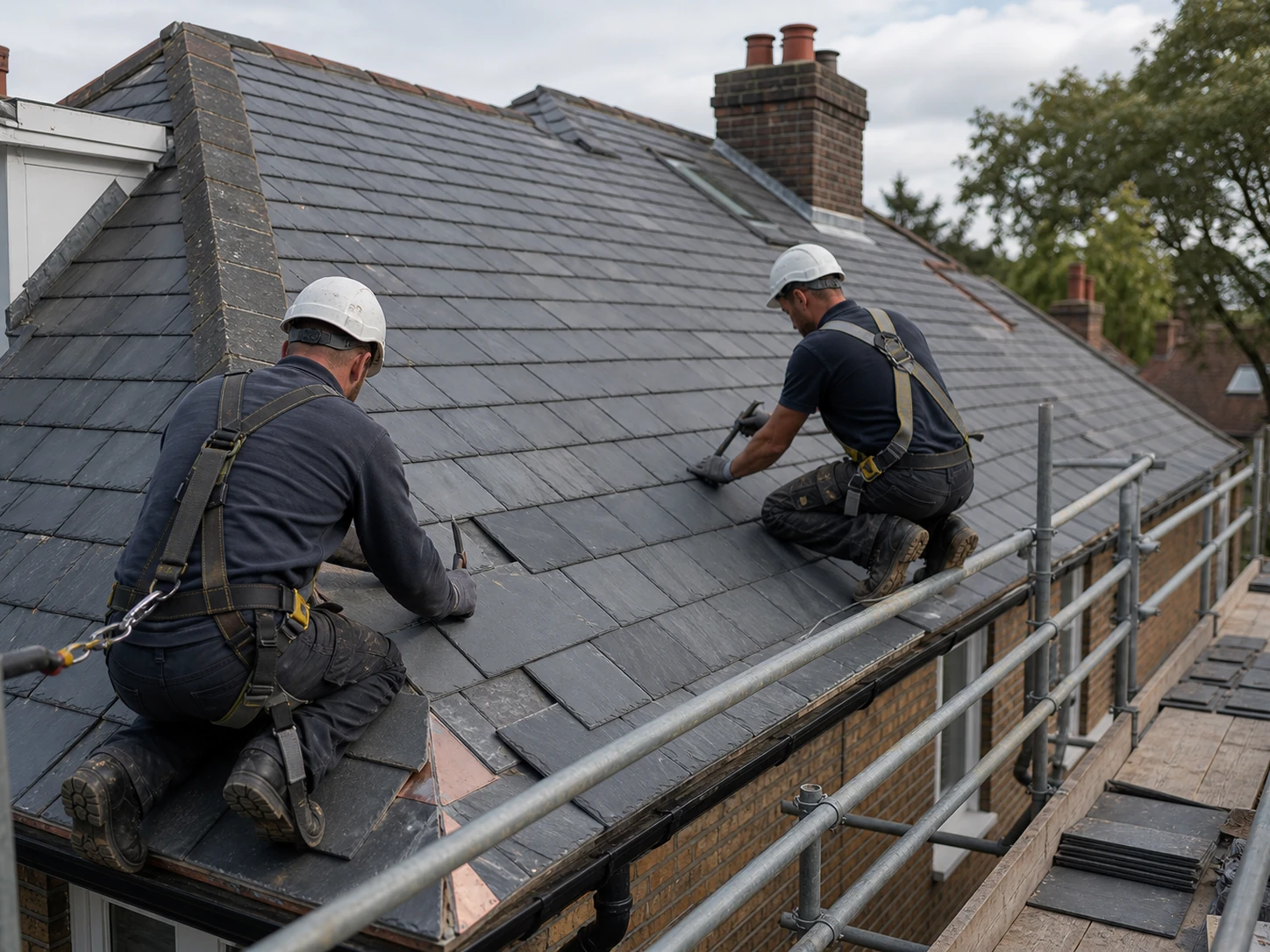 Roofing operatives carrying out careful slate or clay tile roofing work on a residential property.