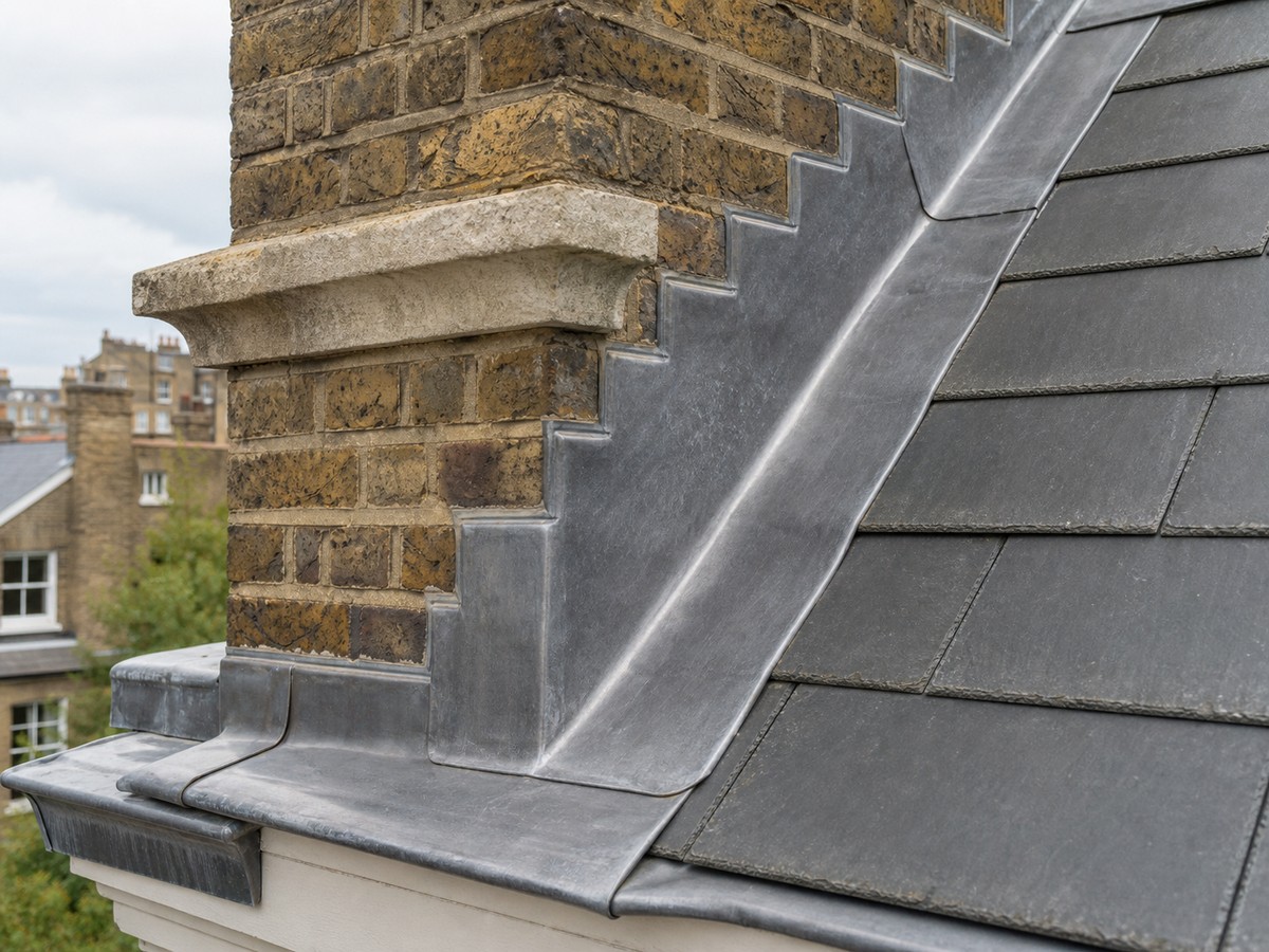 Slate, tile and leadwork details on a residential roof