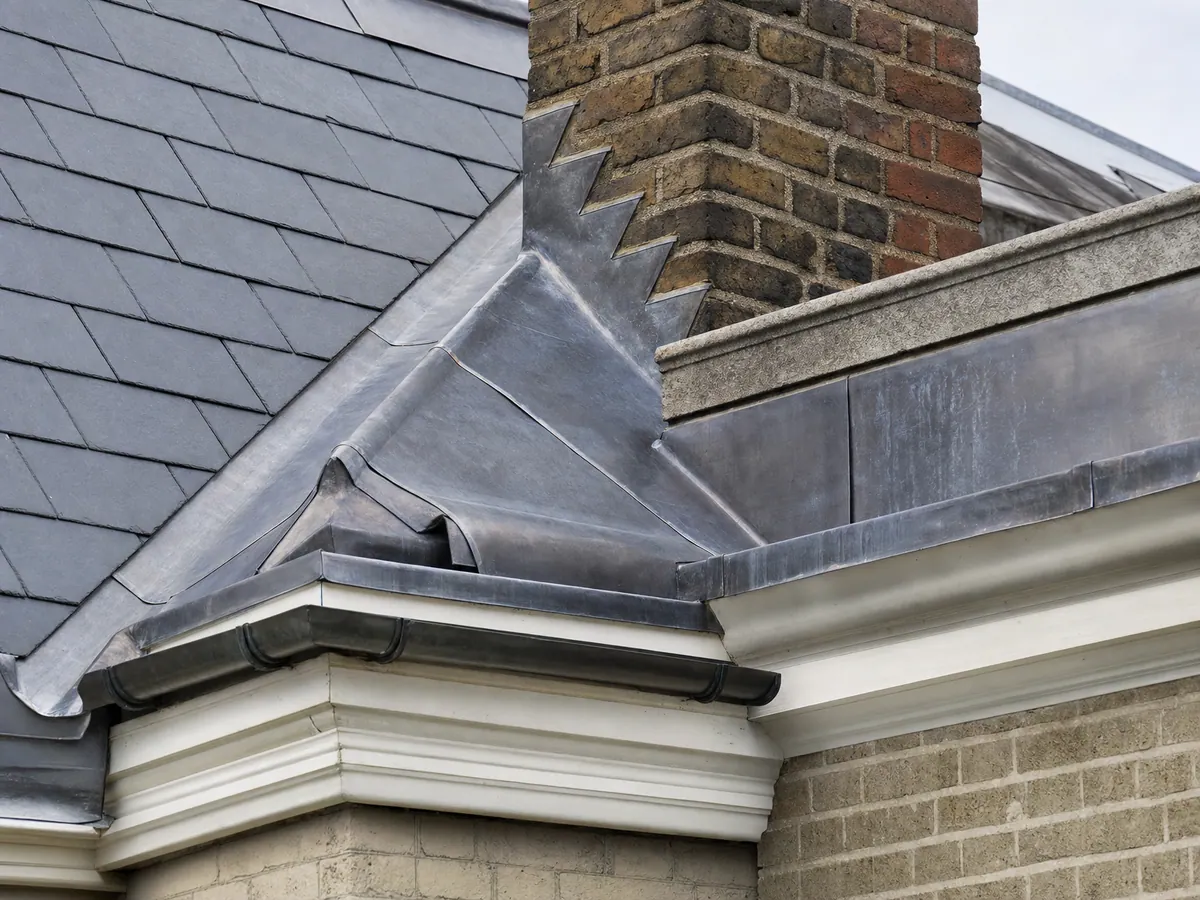 Lead flashing at a brick chimney beside slate roofing