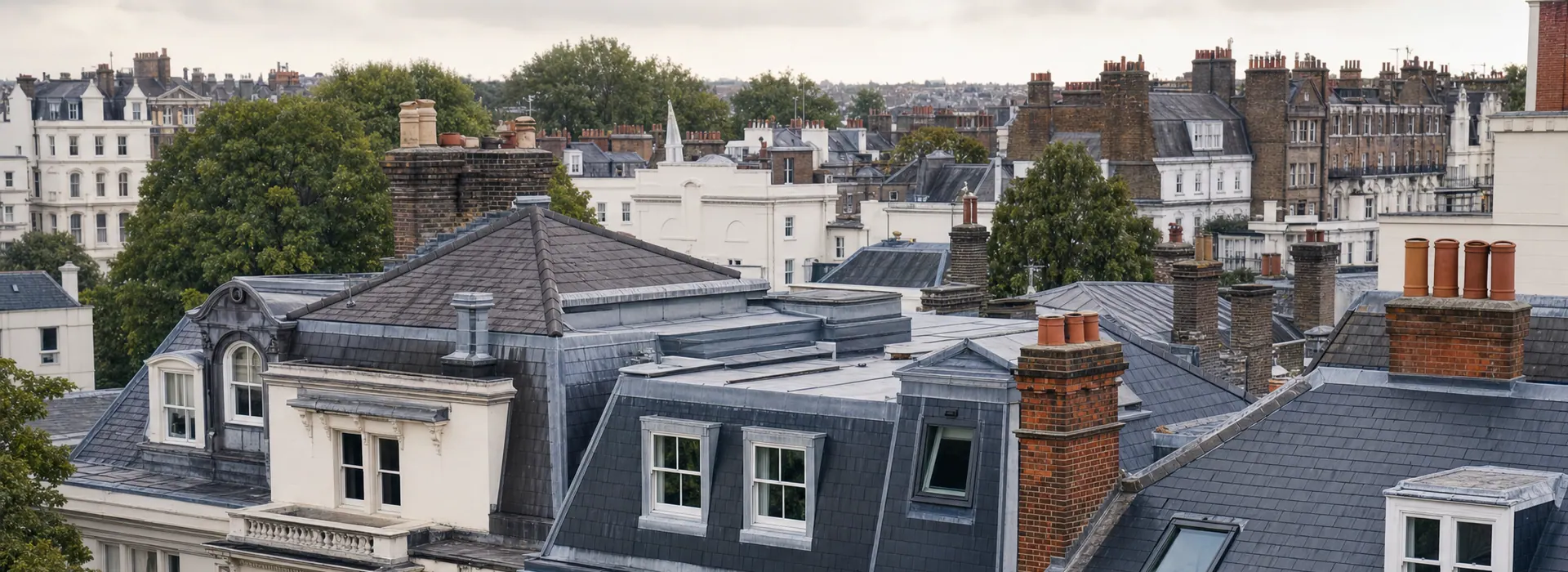Slate roofs, dormers and chimneys across an urban roofscape