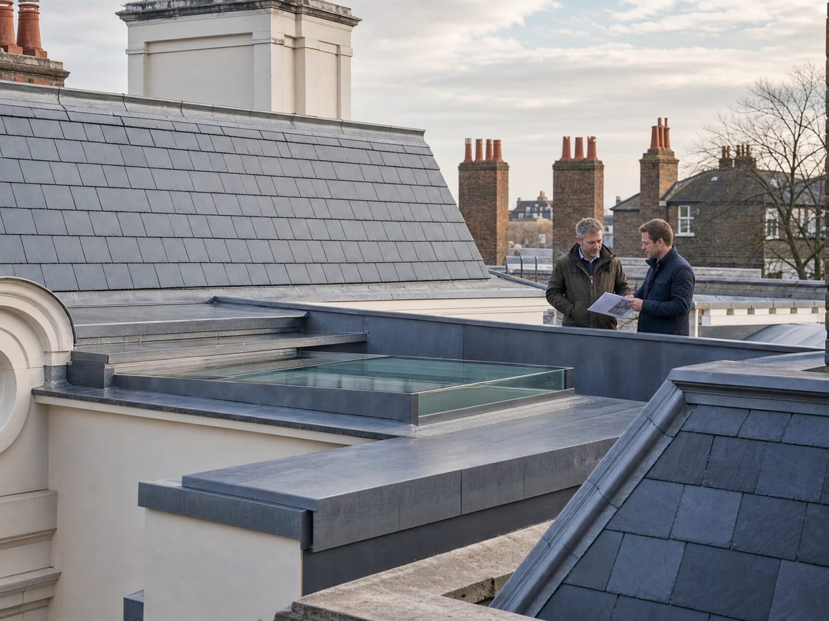 Residential roofing project information being reviewed