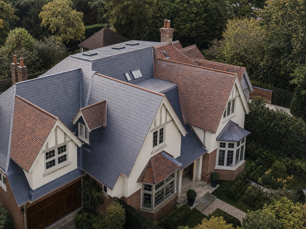 Residential roof showing pitched coverings, leadwork and junction details
