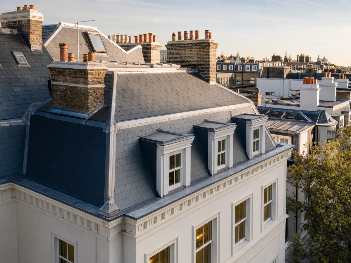 Slate roof and dormers on a period townhouse