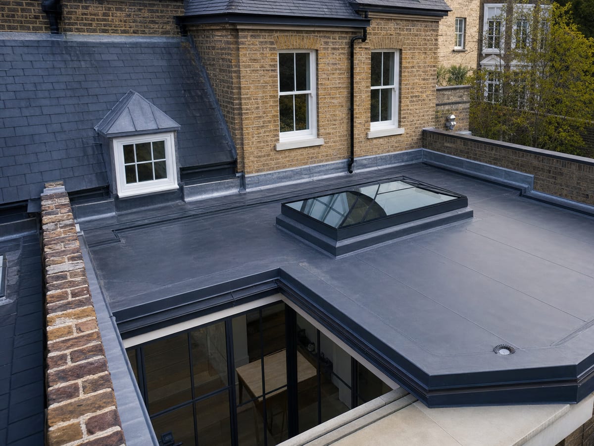 Roof drainage and outlet details on a residential property