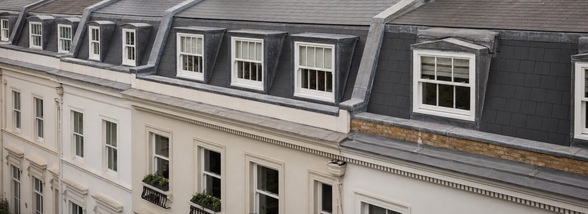 Traditional roof coverings and lead details on a period residential property