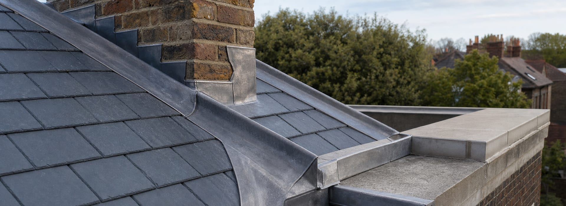 Illustrative view of chimney flashings and adjoining roof details