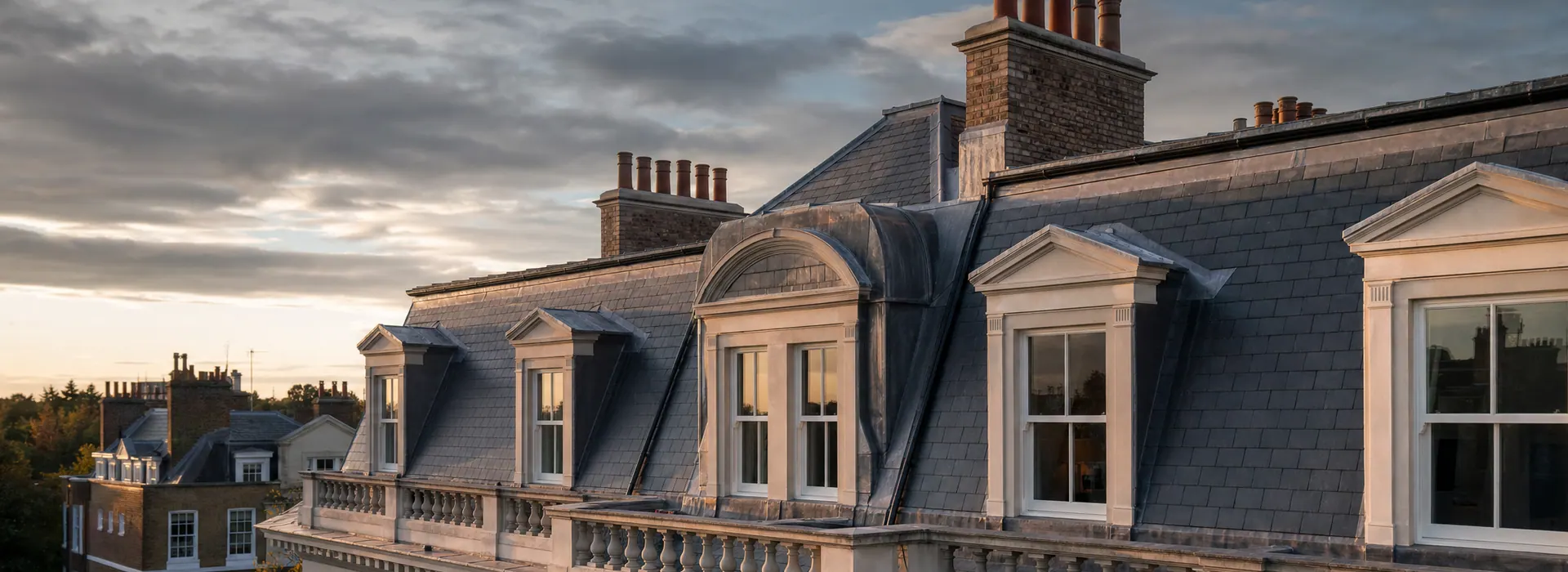 Slate mansard roof and dormers on a period property at dusk