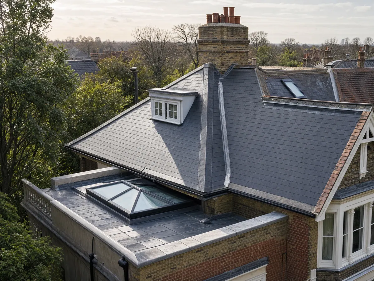 Slate and flat roof sections with a rooflight on a period home