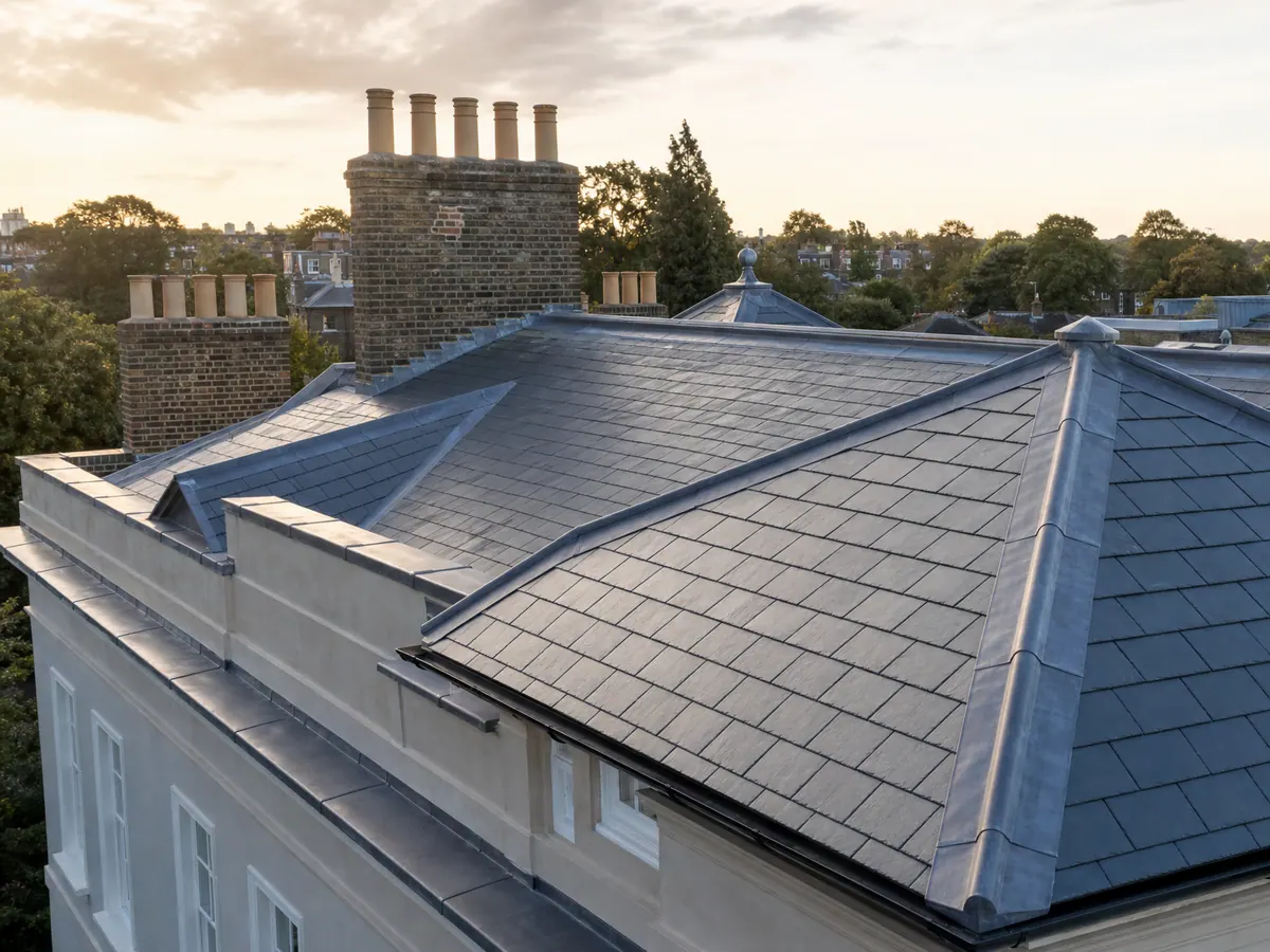 Natural slate roof with leaded hips and parapet cappings