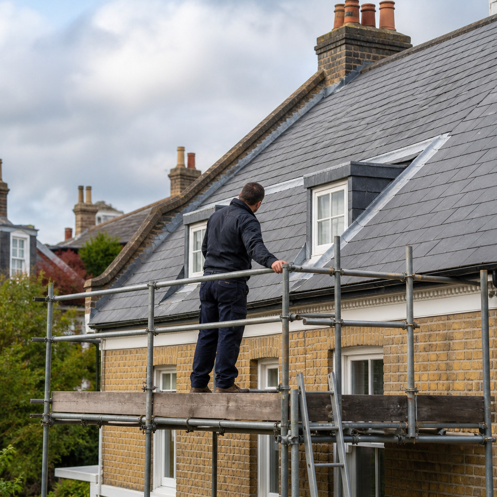 Safe professional access for inspection of a residential pitched roof.