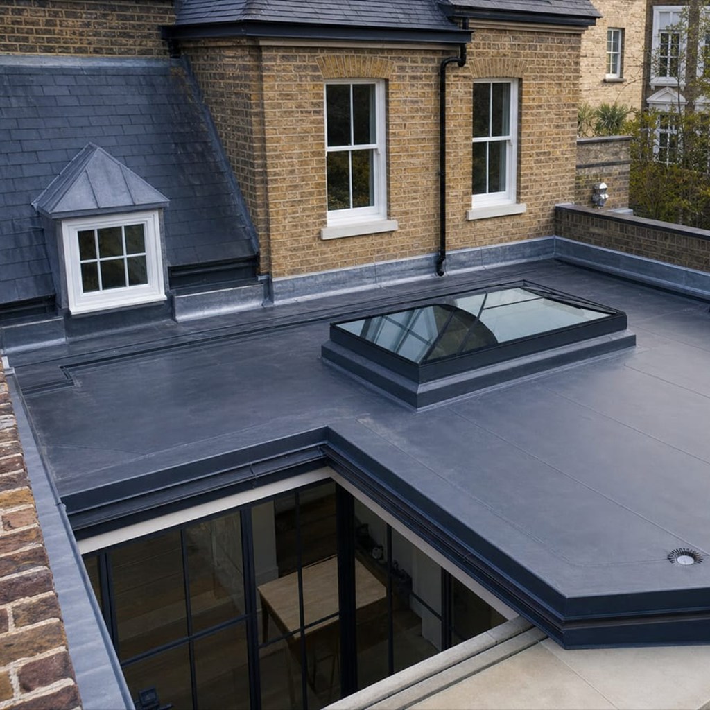 Residential flat roof with rooflight and drainage details