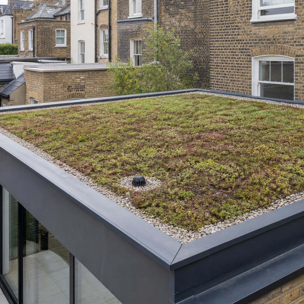 Sedum green roof with clear drainage margins on a London home