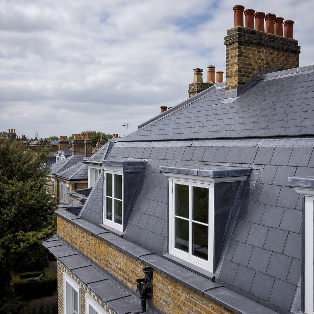 Period West London roof with natural slate, leadwork and chimney details.