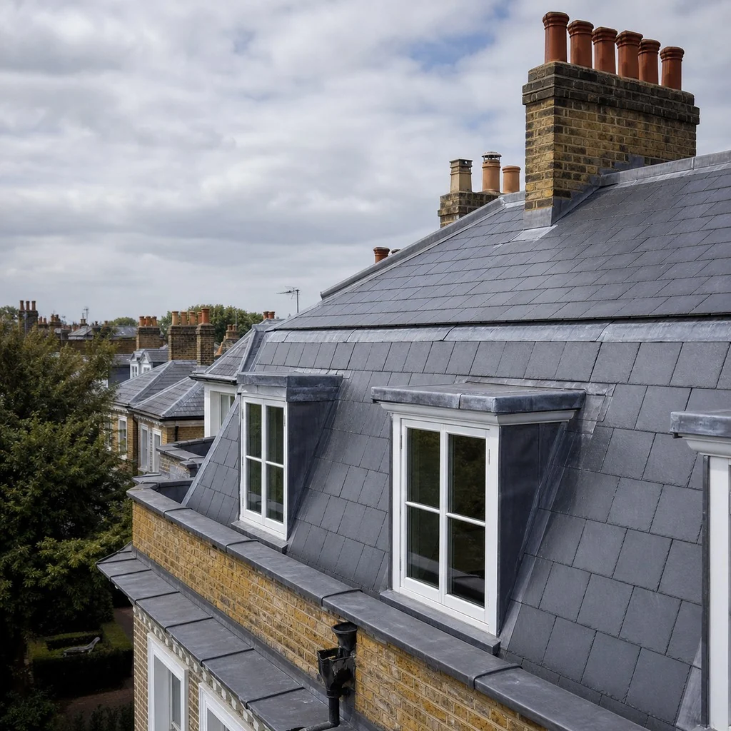 Period West London roof with natural slate, leadwork and chimney details.