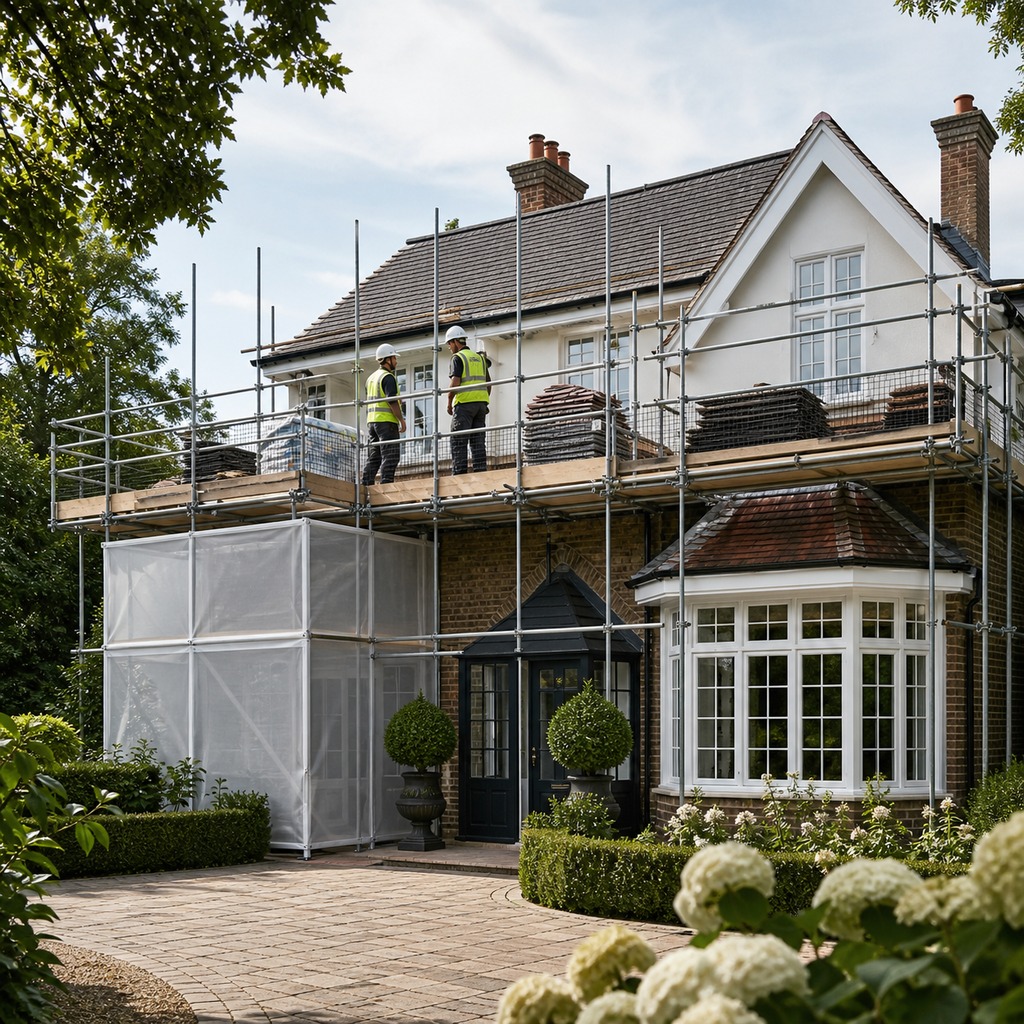 Organised residential roofing work with scaffolding and protected access.