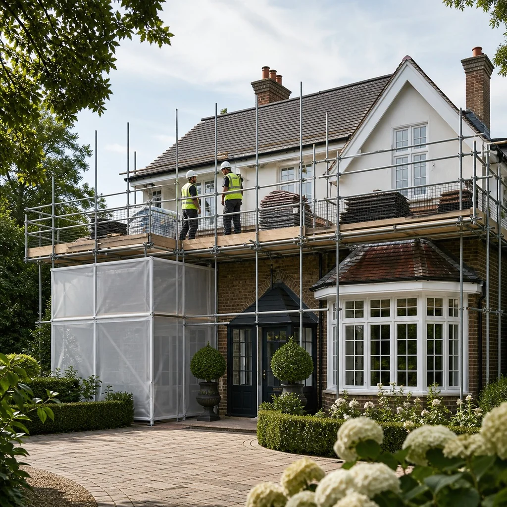 Organised residential roofing work with scaffolding and protected access.