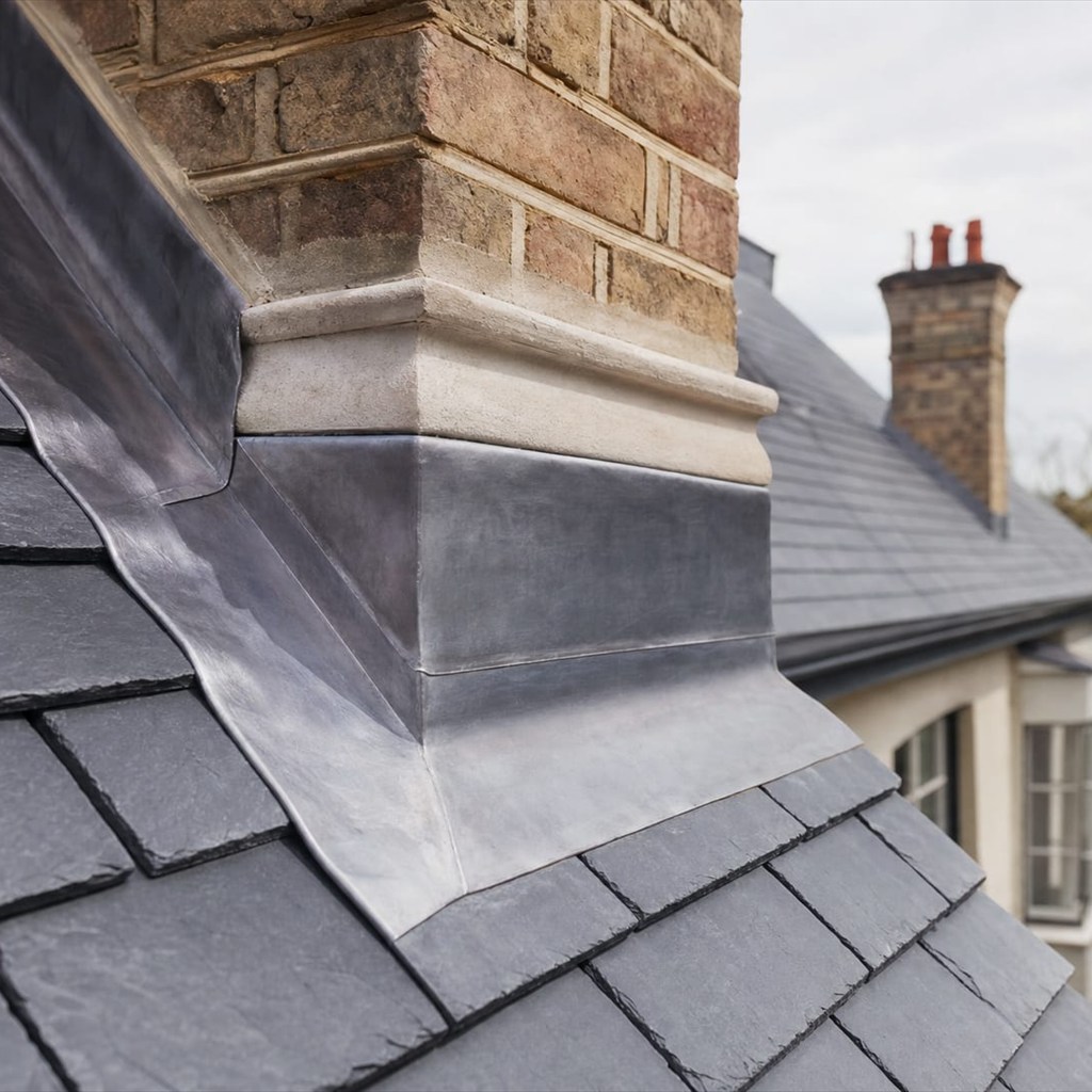 Slate roofing and leadwork detail on a London home