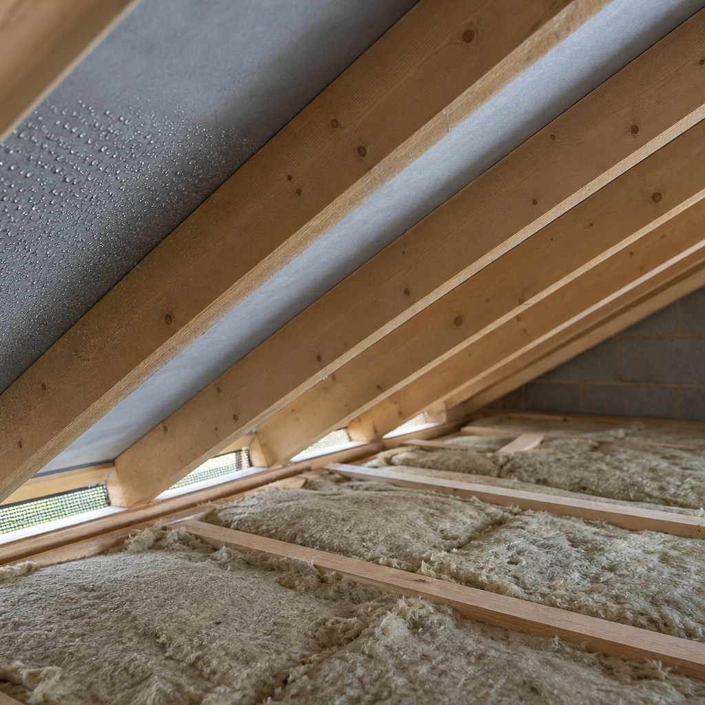 Residential roof space showing insulation, ventilation and timber structure