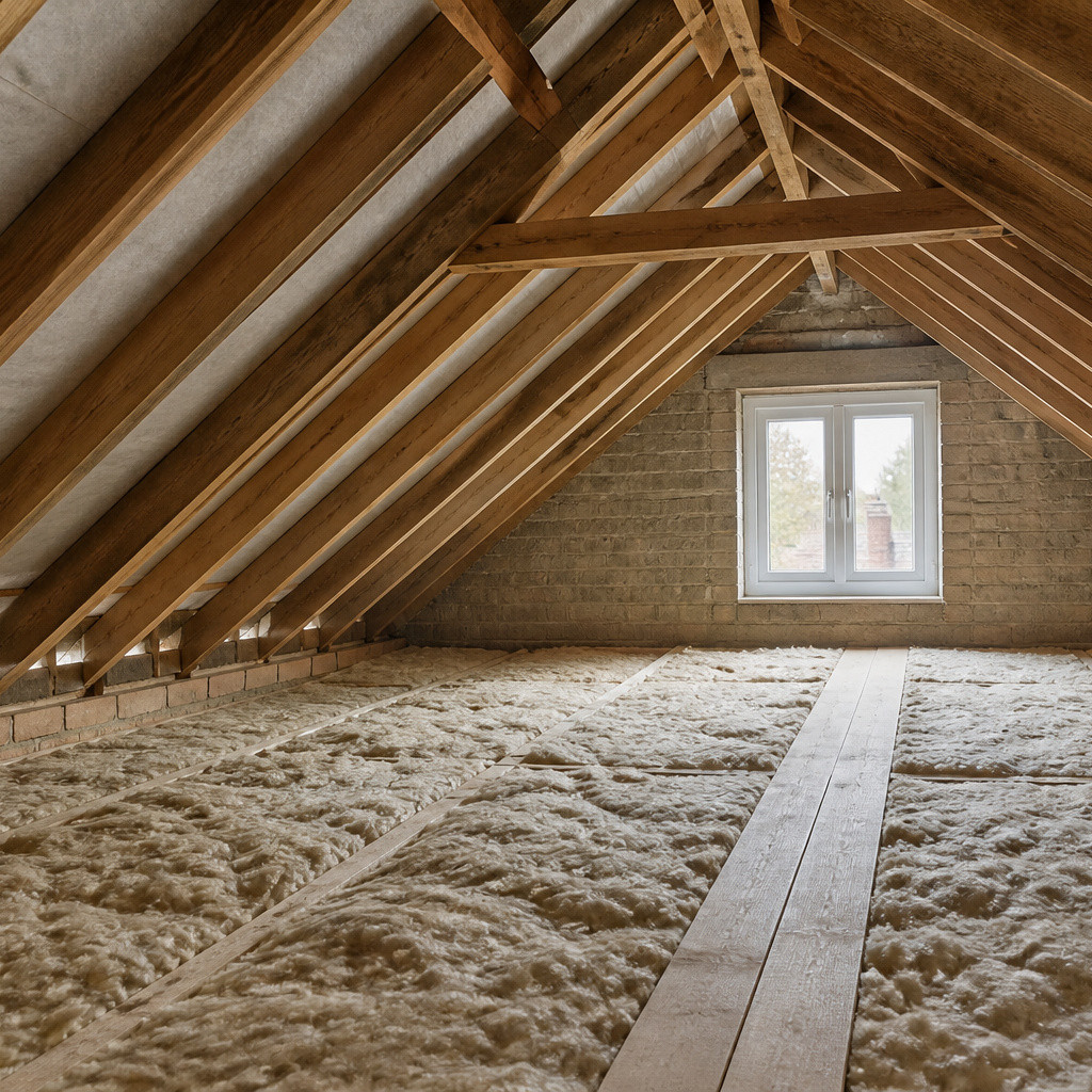 Roof insulation and timber roof build-up in a UK home.