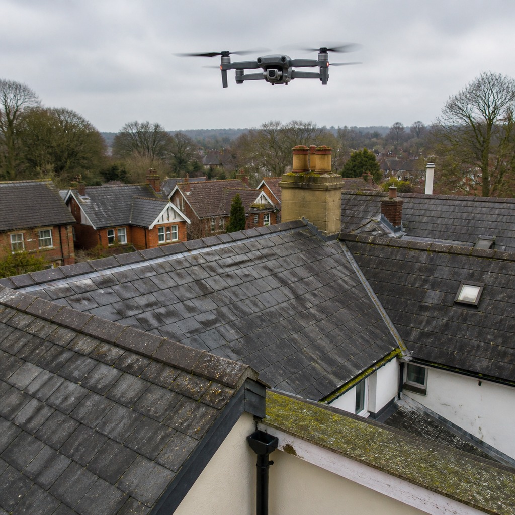 Drone viewing a residential roof with slate, chimney and parapet details.
