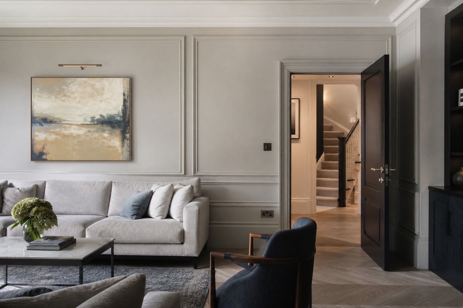 Lighting, switches and sockets aligned with joinery and wall finishes