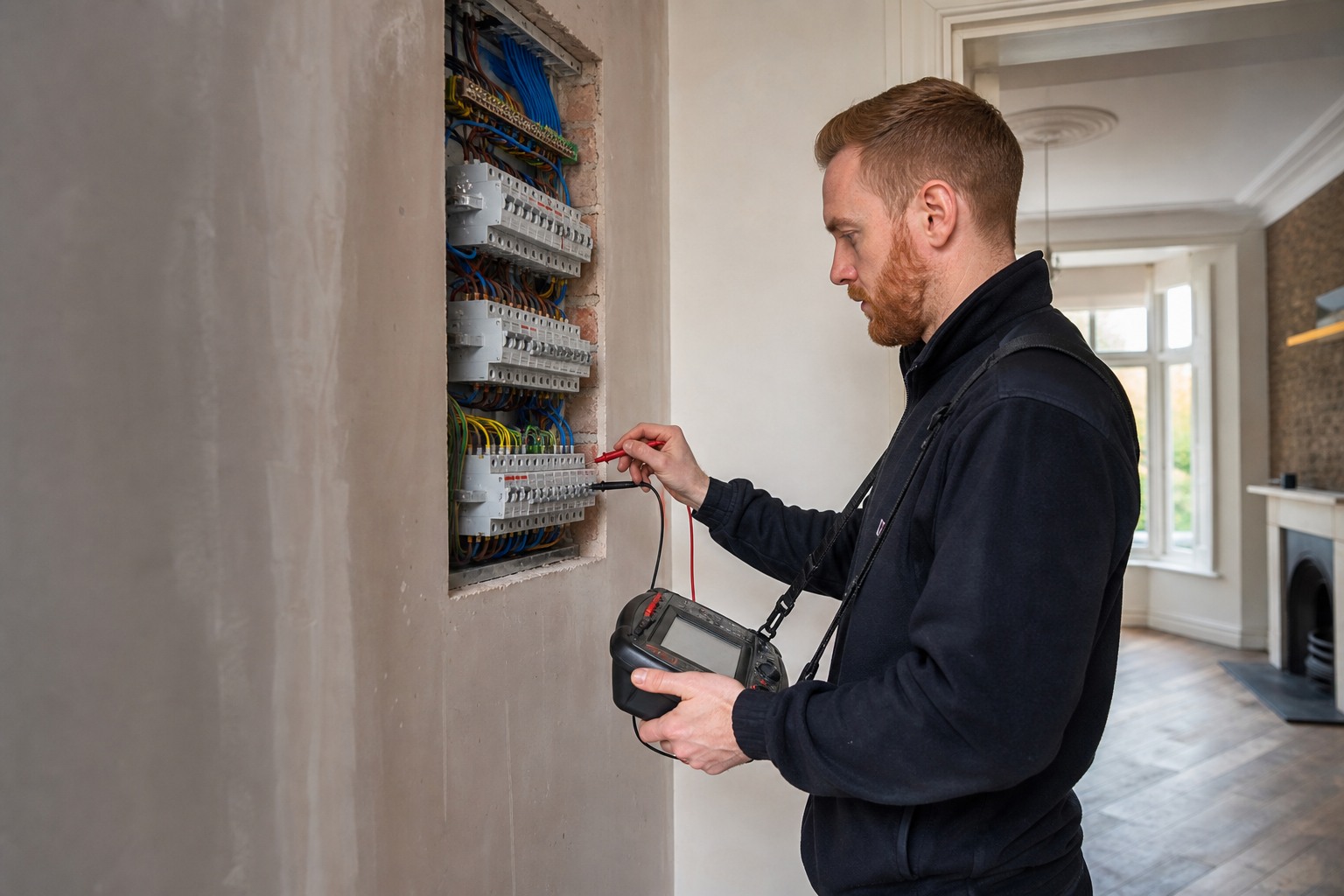 Electrical installation being inspected and tested during refurbishment