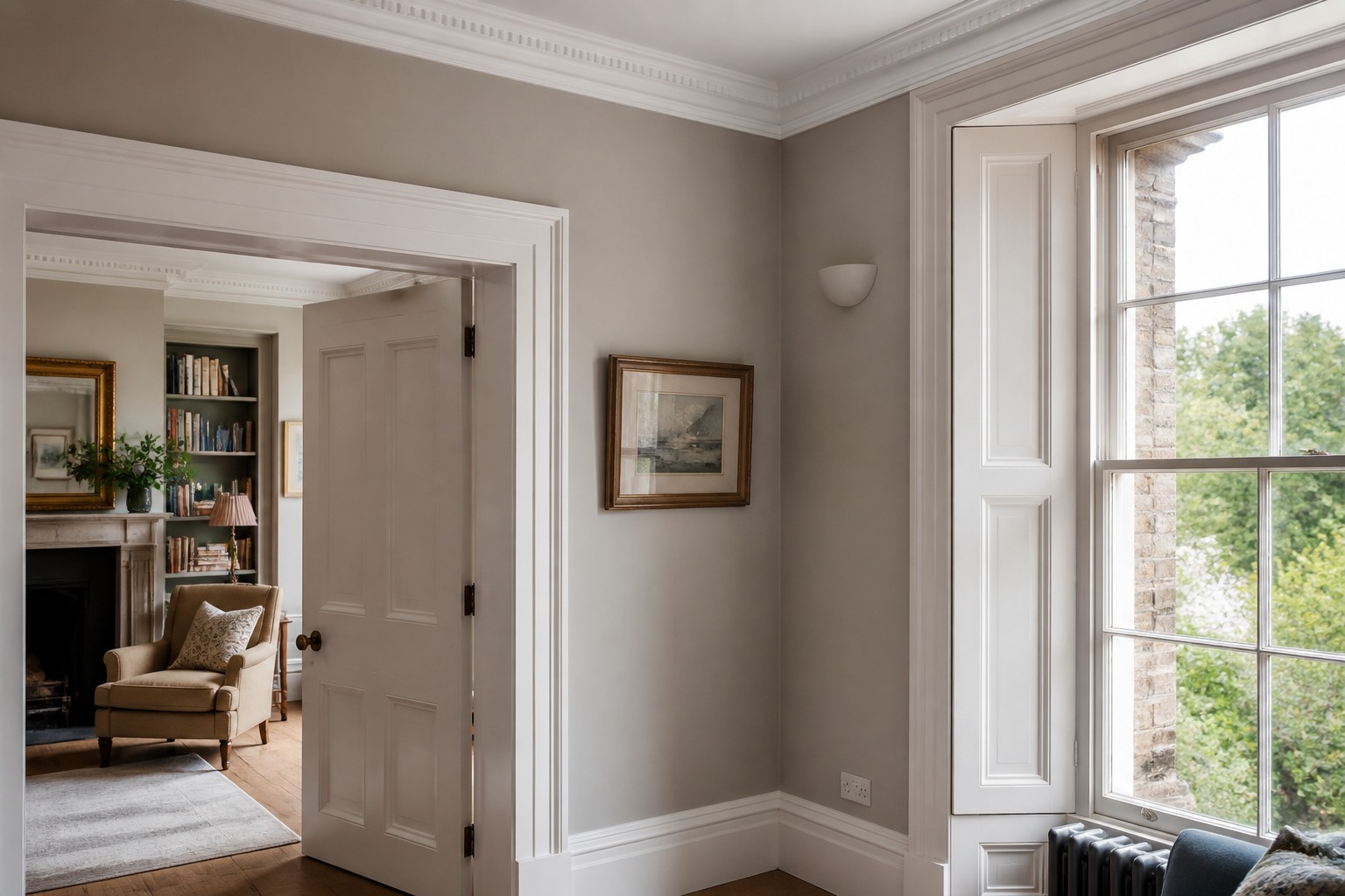 Crisp plaster and paint finish around cornice, architrave and window reveal