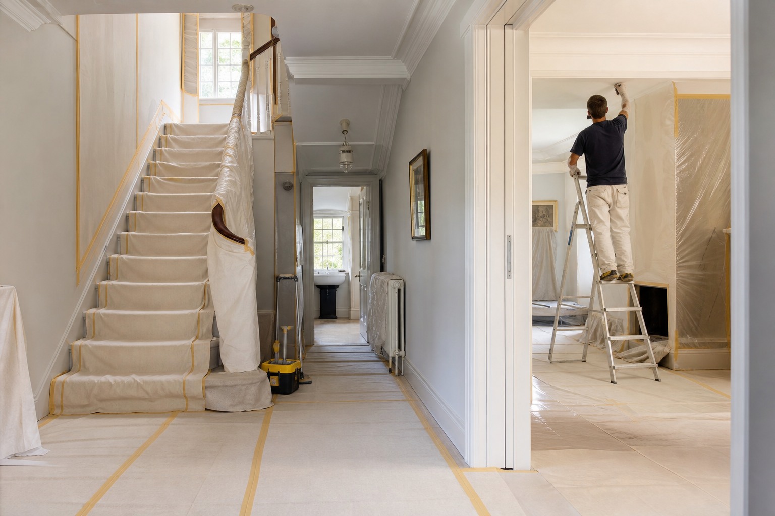 Floors, joinery and adjoining rooms protected during decorating work