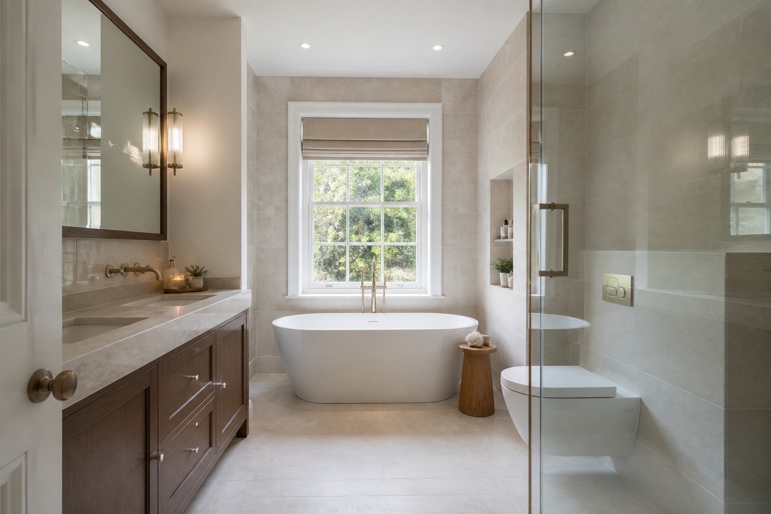 Completed bathroom fittings aligned with tiling and bespoke cabinetry