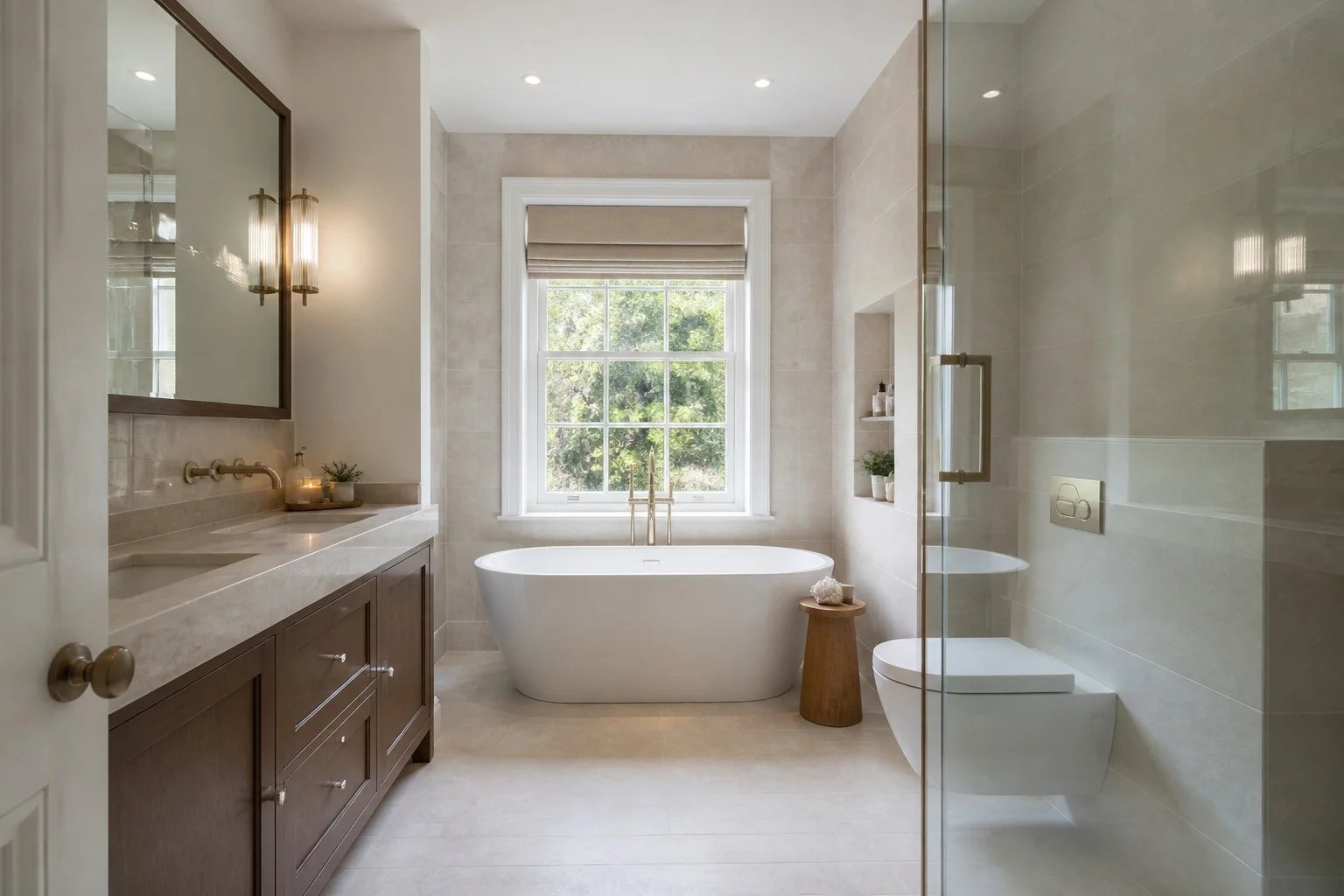 Completed bathroom fittings aligned with tiling and bespoke cabinetry