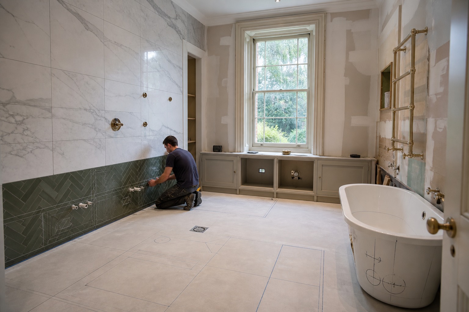Plumbing positions reviewed within the layout of a private bathroom