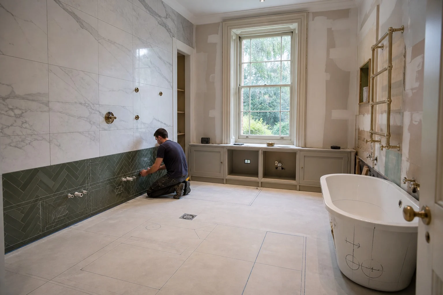 Plumbing positions reviewed within the layout of a private bathroom