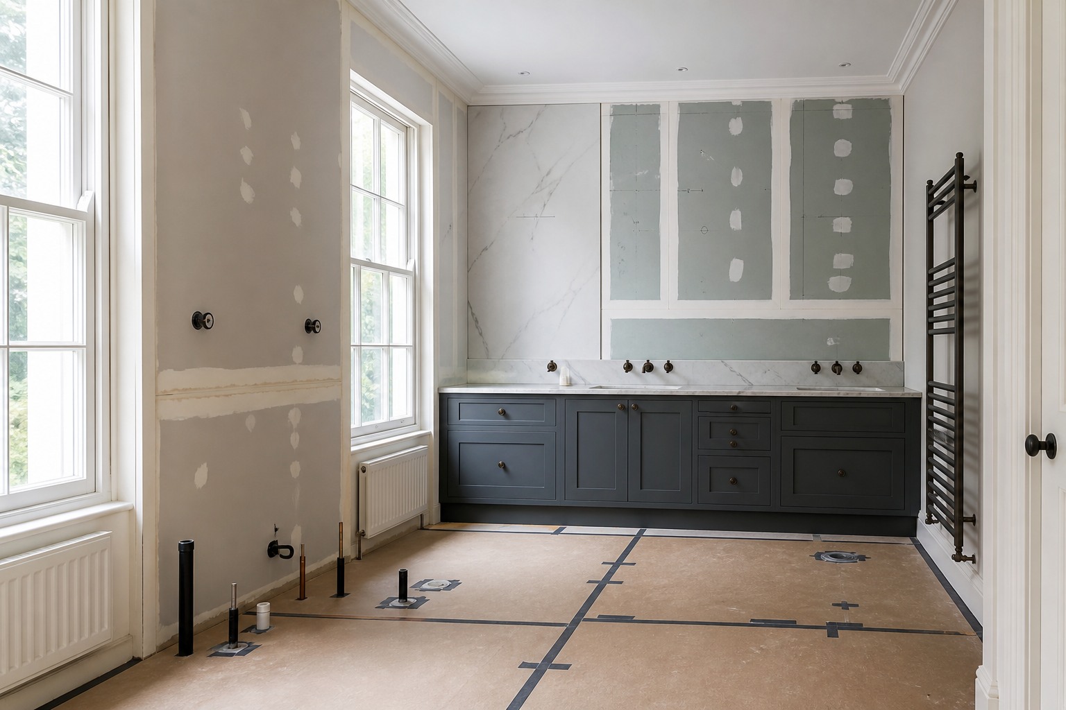 Bathroom plumbing planned around cabinetry, tiling and finished surfaces