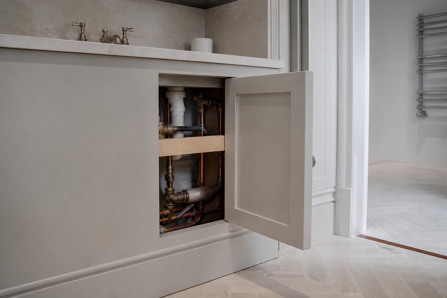Neat service access for concealed residential plumbing
