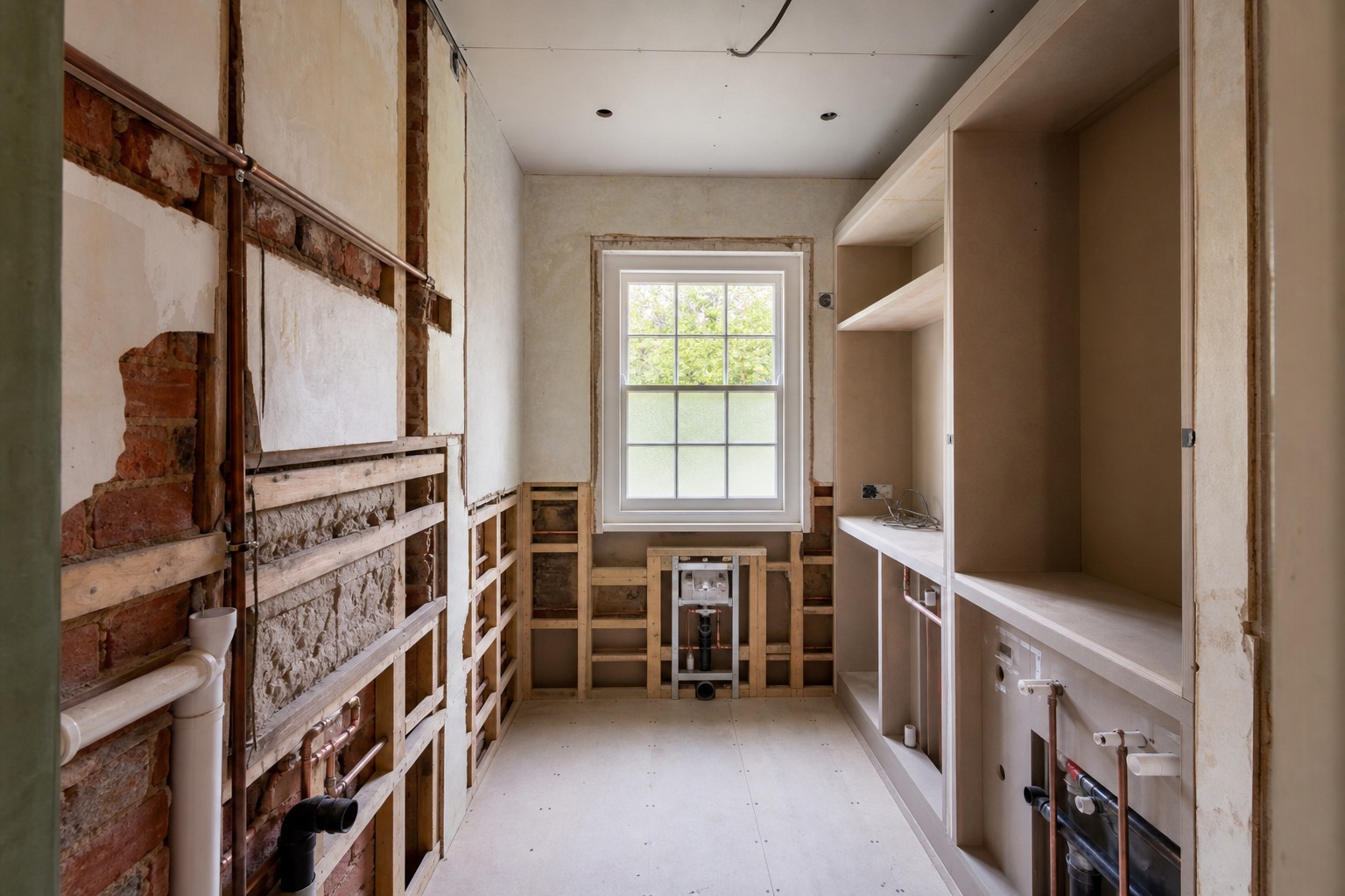 Plumbing coordinated with joinery and wall finishes during refurbishment