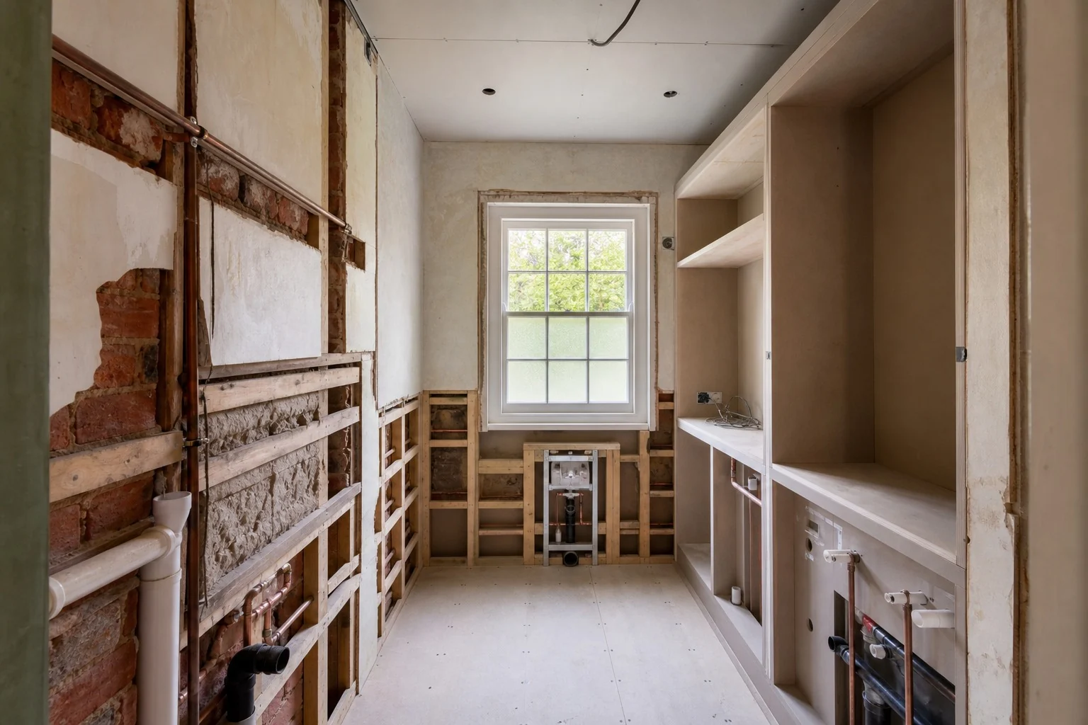 Plumbing coordinated with joinery and wall finishes during refurbishment