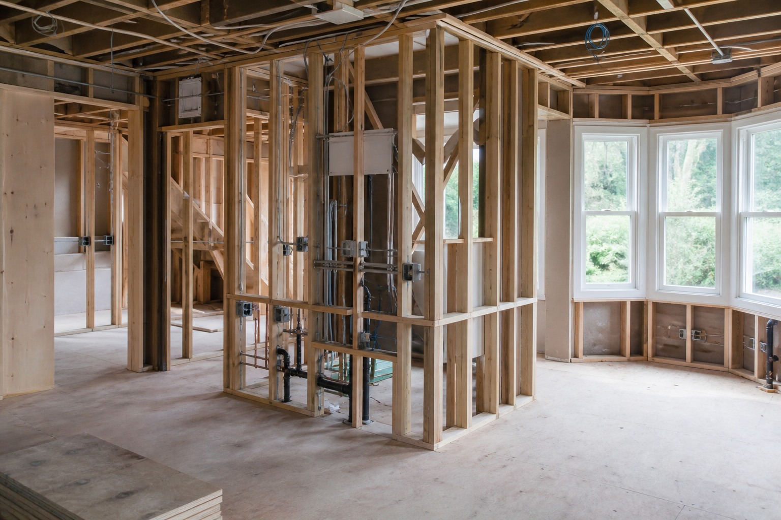 Electrical, plumbing and carpentry first-fix work sequenced before finishes