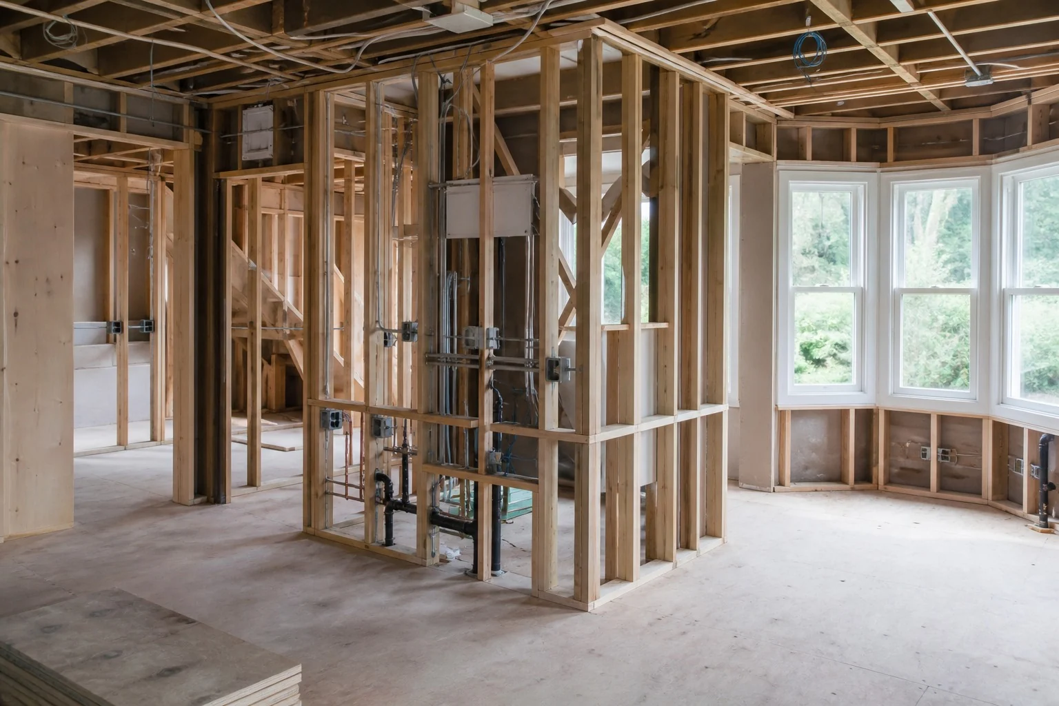 Electrical, plumbing and carpentry first-fix work sequenced before finishes
