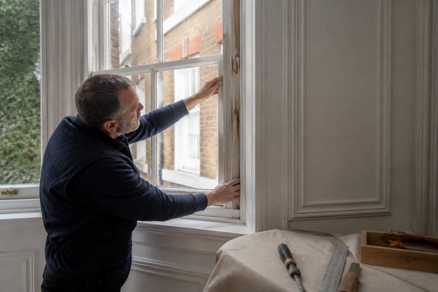 Existing sash window and surrounding fabric being inspected