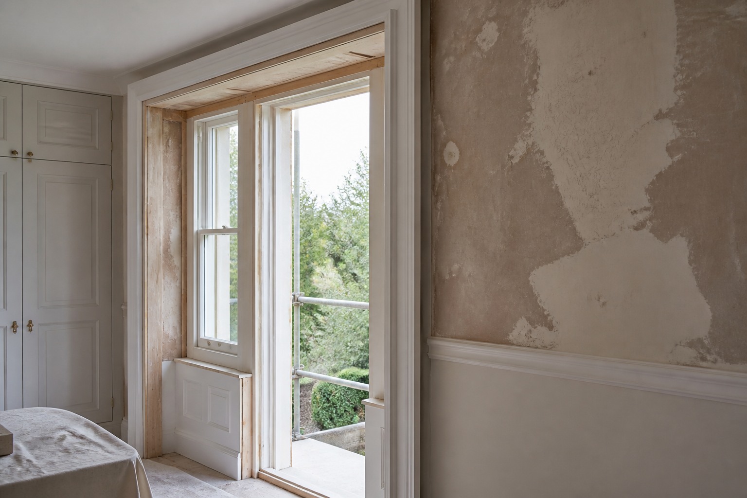 Window opening coordinated with surrounding plaster, trim and joinery