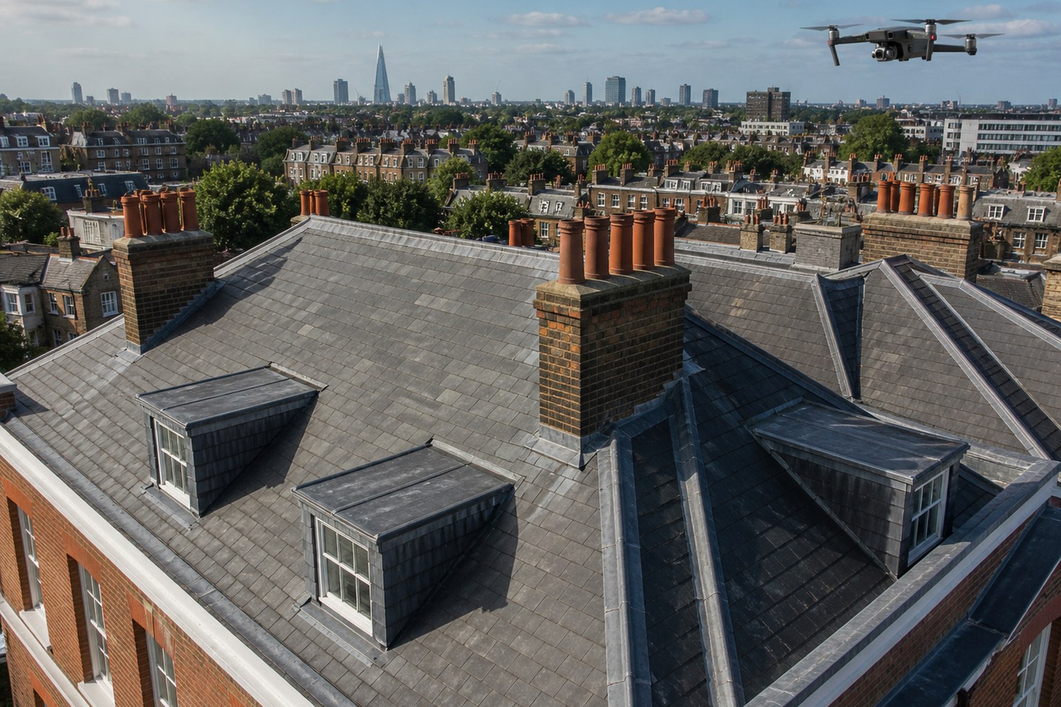 Illustrative drone survey view across a London residential roof