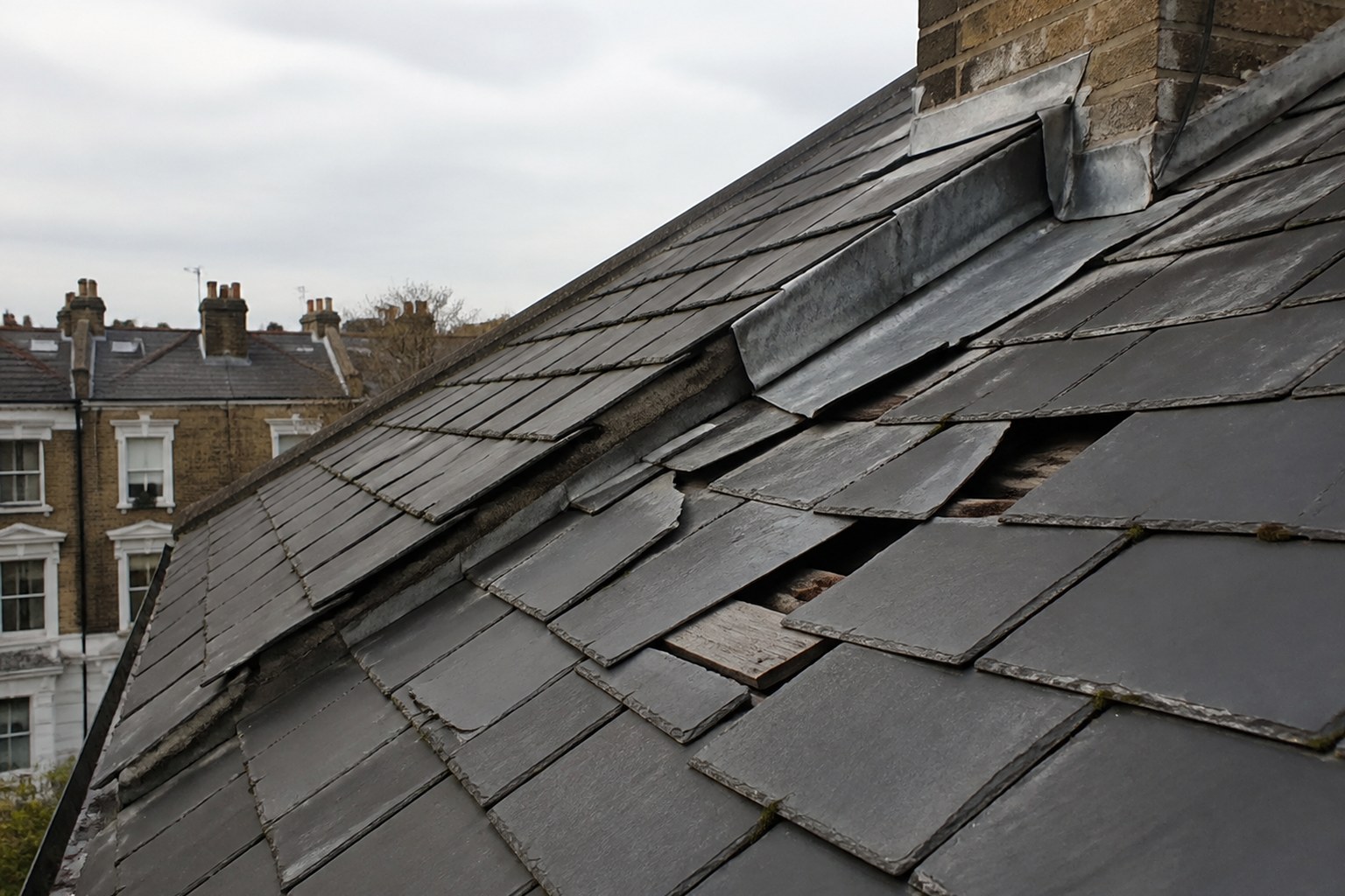 Illustrative view of slipped slates and disturbed chimney flashing