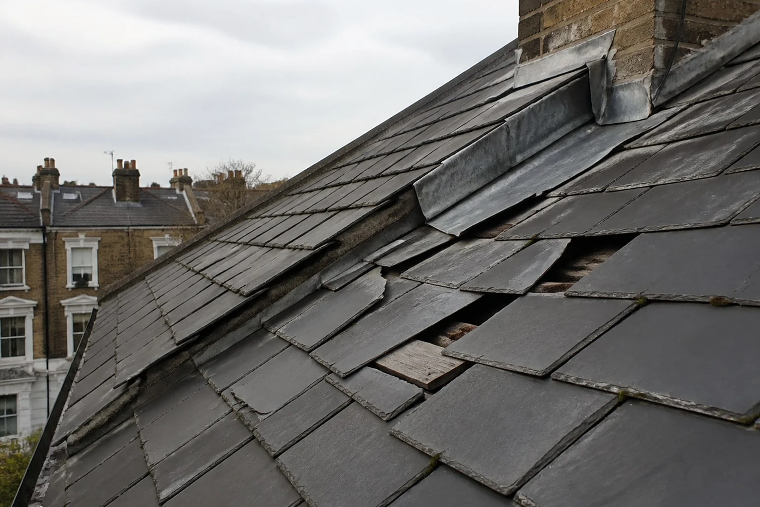 Slipped slates and disturbed chimney flashing