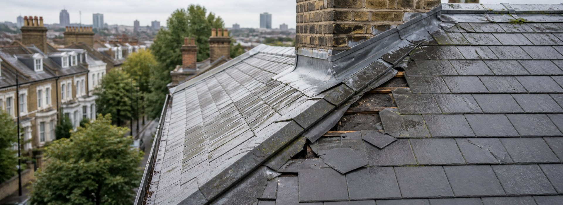 Illustrative view of local storm damage to a London slate roof