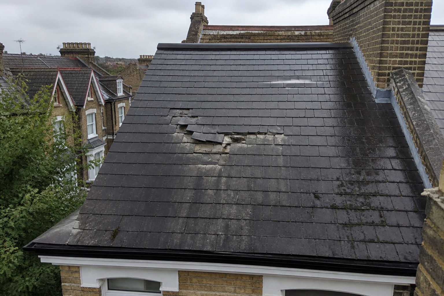 Illustrative safe evidence view of local roof damage